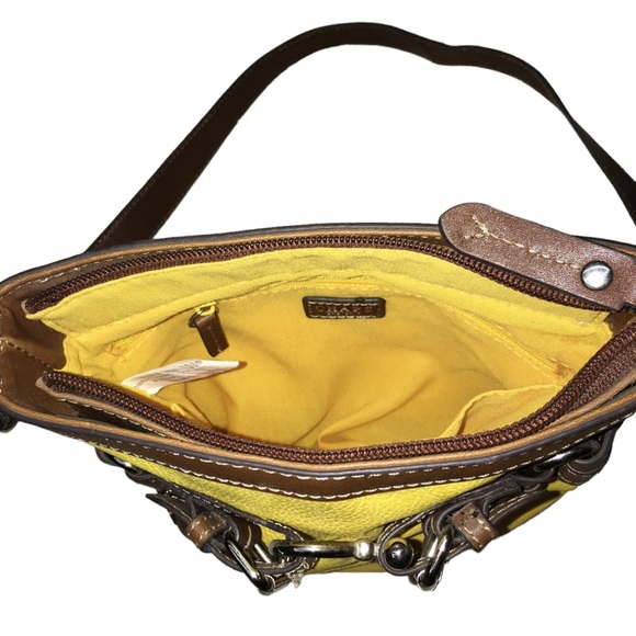 CHAPS Western Yellow Brown Faux Leather Buckles Crossbody Bag - Picture 8 of 13